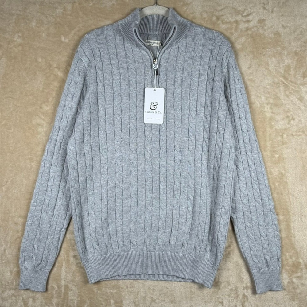 Collars & Co NWT Mens M Quarter Zip Cable Knit Sweater Light Gray Pure Cotton